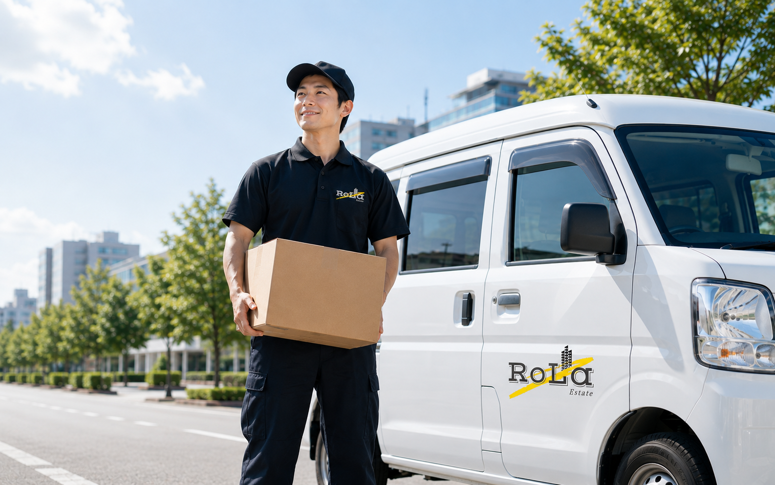 配送車のそばに立つ配送スタッフ