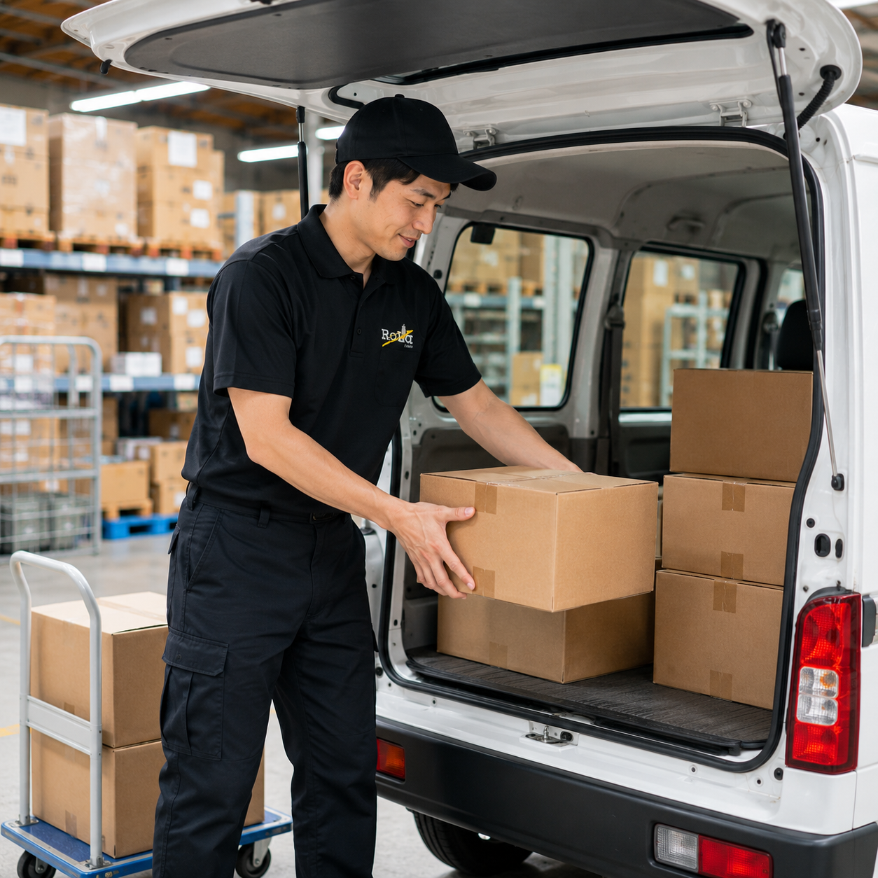 倉庫で軽バンに荷物を積み込む配送スタッフ